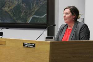 Soldotna City Manager Stephanie Queen speaks at a meeting of the Sodotna City Council on Wednesday, June 23, 2021 in Soldotna, Alaska. (Ashlyn OHara/Peninsula Clarion)