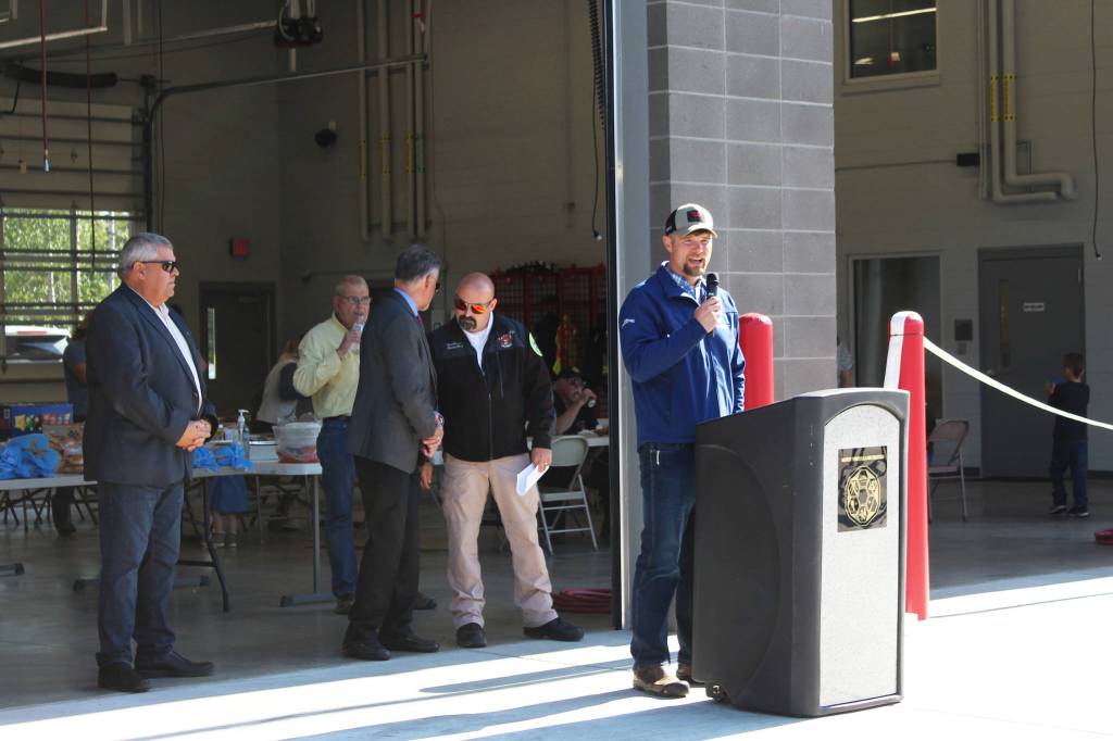 Jesse Bjorkman speaks at a ribbon-cutting ceremony at Nikiski Fire Station 3 on Friday, Aug. 20, 2021 in Nikiski, Alaska. (Ashlyn OHara/Peninsula Clarion)