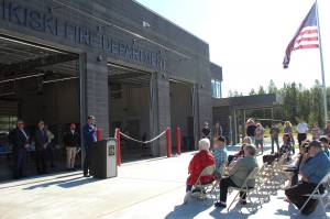 Jesse Bjorkman speaks at a ribbon-cutting ceremony at Nikiski Fire Station 3 on Friday, Aug. 20, 2021 in Nikiski, Alaska. (Ashlyn OHara/Peninsula Clarion)