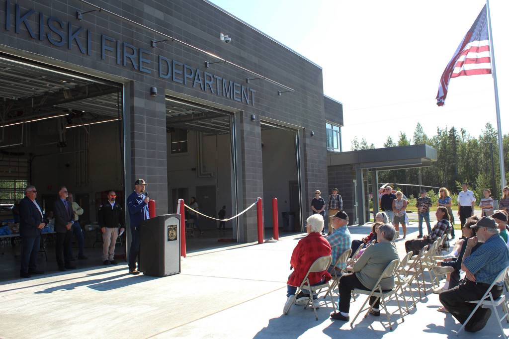 Jesse Bjorkman speaks at a ribbon-cutting ceremony at Nikiski Fire Station 3 on Friday, Aug. 20, 2021 in Nikiski, Alaska. (Ashlyn OHara/Peninsula Clarion)