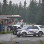 Alaska State Troopers investigate a shooting of a trooper at the Anchor Point Warehouse on Monday, Aug. 23, 2021, in Anchor Point, Alaska. (Photo by Michael Armstrong/ Homer News)