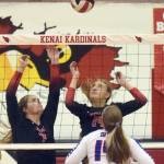 Kenai Centrals Emma Beck and Erin Koziczkowski put up a block on Sitka on Wednesday, Aug. 25, 2021, at Kenai Central High School in Kenai, Alaska. (Photo by Jeff Helminiak/Peninsula Clarion)