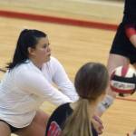 Kenai Central's Valerie Villegas digs up a ball against Sitka on Wednesday, Aug. 25, 2021, at Kenai Central High School in Kenai, Alaska. (Photo by Jeff Helminiak/Peninsula Clarion)