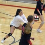 Kenai Centrals Valerie Villegas digs up a ball against Sitka on Wednesday, Aug. 25, 2021, at Kenai Central High School in Kenai, Alaska. (Photo by Jeff Helminiak/Peninsula Clarion)