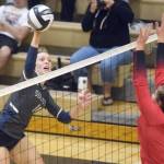Soldotnas Katelyn Morrison attacks Kenai Central in the final of the Shayna Pritchard Memorial Volleyball Tournament on Saturday at Nikiski High School in Nikiski. (Photo by Jeff Helminiak/Peninsula Clarion)