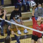 Kenai Central's Cali Holmes attacks Soldotna in the final of the Shayna Pritchard Memorial Volleyball Tournament on Saturday, Aug. 28, 2021, at Nikiski High School in Nikiski, Alaska. (Photo by Jeff Helminiak/Peninsula Clarion)