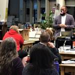 Dominique Smith, principal at Health Sciences High and Middle College, a charter school in San Diego, conducts a training session on building relationships, equity and school-based restorative practices for Juneaus teachers, principals, and other certified staff members on Aug. 12. (Courtesy Photo/Kristin Bartlett, Juneau School District)