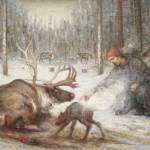 Photo courtesy Alex Rydlinski 
The Newborn oil on canvas by Kenai Art Center Executive Director Alex Rydlinski. Rydlinskis work will be on display at the Kenai Art Center through September. Below, the Reindeer Man exhibit is seen at the Kenai Art Center on Wednesday.