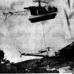 Helicopters lift bodies from the crash site of an Alaska Airlines Boeing 727 that flew into a mountain near Juneau in 1971, killing all 111 aboard. (Associated Press)