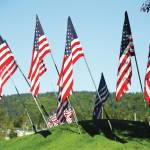 American flags fly on Sept. 11, 2020, in the park at the corner of Lake Street and the Homer Bypass Road in Homer, Alaska. Rotary Club of Homer Downtown places the flags every year to honor the people killed and injured in the events of Sept. 11, 2001. (Photo by Michael Armstrong/Homer News)
