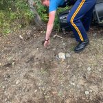 An Alaska State Trooper reaches for a grenade on Tuesday, Sept. 7, 2021 near Soldotna, Alaska. The grenade was found by 13-year-old Edith Watts on the family property in Ridgeway. Troopers and Joint Base Elmendorf-Richardsons Explosive Ordnance Disposal Company responded to the scene.(Photo by Edith Watts)