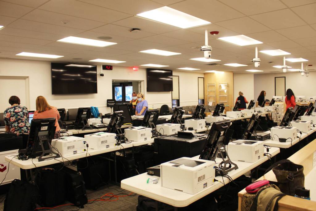 Voting equipment is tested at the George A. Navarre Borough building on Thursday, Sept. 9, 2021 in Soldotna, Alaska. (Ashlyn OHara/Peninsula Clarion)