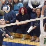 Soldotnas Chloe Armstrong attacks Colonys Alyvia Davis on Thursday, Sept. 9, 2021, at Soldotna High School in Soldotna, Alaska. (Photo by Jeff Helminiak/Peninsula Clarion)