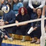 Soldotna's Chloe Armstrong attacks Colony's Alyvia Davis on Thursday, Sept. 9, 2021, at Soldotna High School in Soldotna, Alaska. (Photo by Jeff Helminiak/Peninsula Clarion)