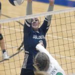 Soldotnas Ashlee Anderson throws up a block on Colonys Taylee Weiss on Thursday, Sept. 9, 2021, at Soldotna High School in Soldotna, Alaska. (Photo by Jeff Helminiak/Peninsula Clarion)