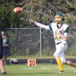 Sewards Tommy Cronin cuts loose a pass Friday, Sept. 10, 2021, at Nikiski High School in Nikiski, Alaska. (Photo by Jeff Helminiak/Peninsula Clarion)