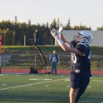 Dylan Dahlgren receives a long pass to score a touchdown during Soldotna Highs homecoming footall game at Justin Maile Field in Soldotna, Alaska, on Friday, Sept. 10, 2021. (Camille Botello/Peninsula Clarion)