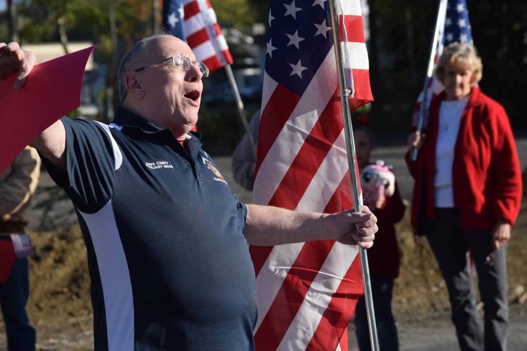 Soldotna City Council member Dave Carey sings The Battle Hymn of the Republic at the Veternas of Foreign Wars post in Soldotna on Saturday, Sept. 11, 2021 during the 20th memorial service of the 9/11 terrorist attacks. (Camille Botello/Peninsula Clarion)