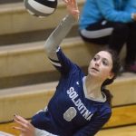 Soldotnas Adarra Hagelund attacks Nikiski on Tuesday, Sept. 14, 2021, at Nikiski-Middle High School in Nikiski, Alaska. (Photo by Jeff Helminiak/Peninsula Clarion)