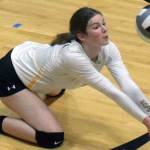 Nikiski's Jaycee Tauriainen digs up a ball from Soldotna on Tuesday, Sept. 14, 2021, at Nikiski Middle-High School in Nikiski, Alaska. (Photo by Jeff Helminiak/Peninsula Clarion)