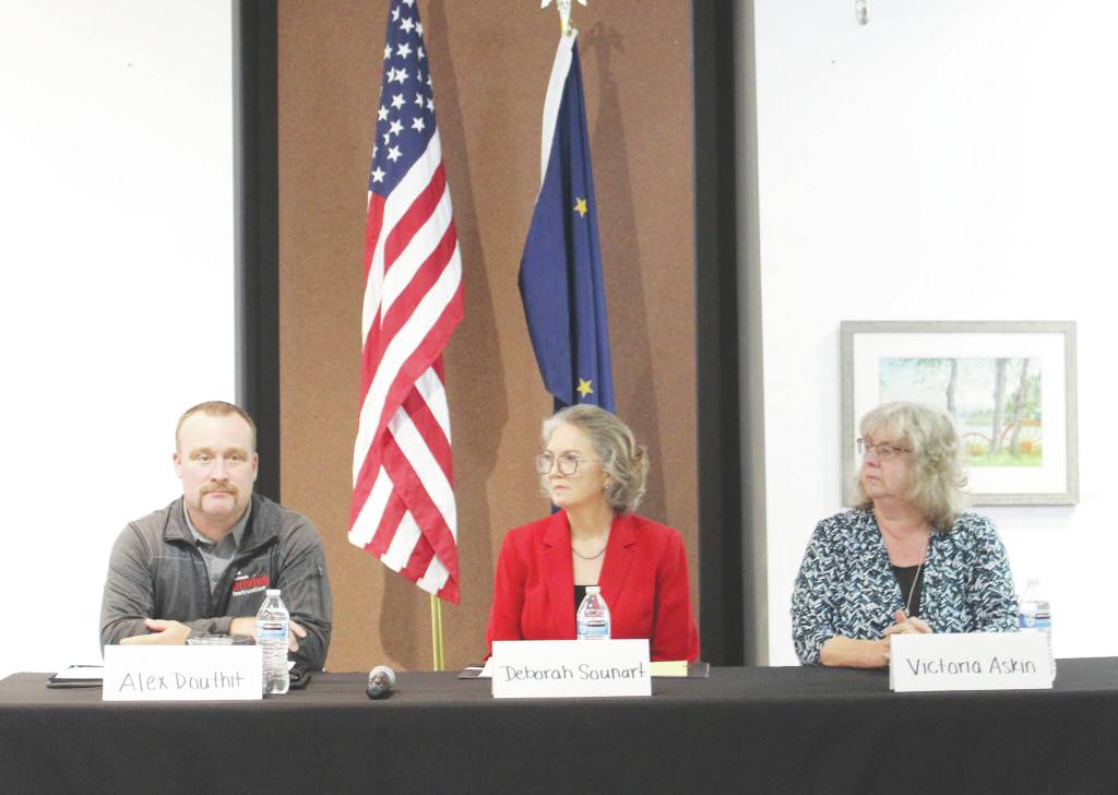 From left: Kenai City Council candidates Alex Douthit, Deborah Sounart and Victoria Askin attend an election forum at the Kenai Chamber of Commerce and Visitor Center on Wednesday, Sept. 15, 2021 in Kenai, Alaska. (Ashlyn OHara/Peninsula Clarion)