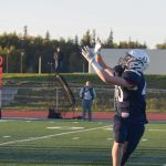 Dylan Dahlgren receives a long pass to score a touchdown during Soldotna Highs homecoming football game at Justin Maile Field in Soldotna, Alaska, on Friday, Sept. 10, 2021. (Camille Botello/Peninsula Clarion)