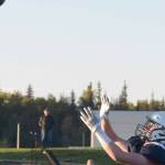 Dylan Dahlgren receives a long pass to score a touchdown during Soldotna High's homecoming footall game at Justin Maile Field in Soldotna, Alaska, on Friday, Sept. 10, 2021. (Camille Botello/Peninsula Clarion)