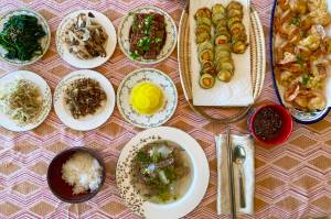 Seasoned spinach, sauteed mushrooms and onion, acorn jelly, seasoned mung bean sprouts, stir-fried dried anchovies and peanuts, pickled radish, fried zucchini, fried shrimp pancakes, and beef and radish soup were featured in the authors celebration of Chuseok. The traditional Korean harvest festival dates to antiquity and pays homage to Koreas ancient farming roots and was celebrated Tuesday, Sept. 21, 2021. (Photo by Tressa Dale/Peninsula Clarion)