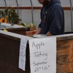Nic Ashley works the apple tasting at OBrien Garden and Trees in Nikiski, Alaska, on Saturday, Sept. 25, 2021. (Camille Botello/Peninsula Clarion)
