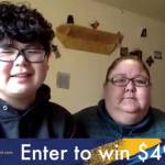 Elia Samuelson, left, of Bethel is announced as the winner of a $49,000 scholarship for the third week of the Give AK a Shot COVID-19 vaccine incentive program. His mother Carol also won $10,000 cash. (Camille Botello/Peninsula Clarion)