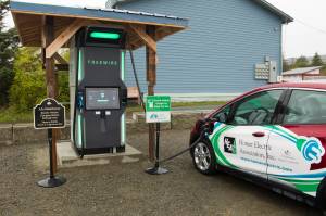 The very first FreeWire ultrafast Electric Vehicle charger in Alaska was installed at AJ's Steakhouse last week. The charging station is the first of nine EV charging stations that will connect Homer to Fairbanks. (Photo by Sarah Knapp/Homer News)
