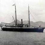 This John E. Thwaites photo shows the S.S. Dora near Sand Point, Alaska. Thwaites sailed as mail clerk on the Dora between at least 1905 and 1912. (Alaska State Library photo collection)