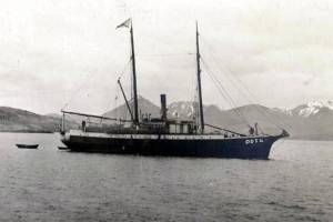 This John E. Thwaites photo shows the S.S. Dora near Sand Point, Alaska. Thwaites sailed as mail clerk on the Dora between at least 1905 and 1912. (Alaska State Library photo collection)