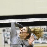 Nikiskis Ashlynne Playle attacks against Anchorage Christian Schools on Friday, Oct. 1, 2021, at Nikiski High School in Nikiski, Alaska. (Photo by Jeff Helminiak/Peninsula Clarion)