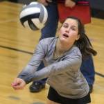 Nikiskis Savanna Stock receives serve against Anchorage Christian Schools on Friday, Oct. 1, 2021, at Nikiski High School in Nikiski, Alaska. (Photo by Jeff Helminiak/Peninsula Clarion)