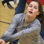 Nikiski's Savanna Stock receives serve against Anchorage Christian Schools on Friday, Oct. 1, 2021, at Nikiski High School in Nikiski, Alaska. (Photo by Jeff Helminiak/Peninsula Clarion)