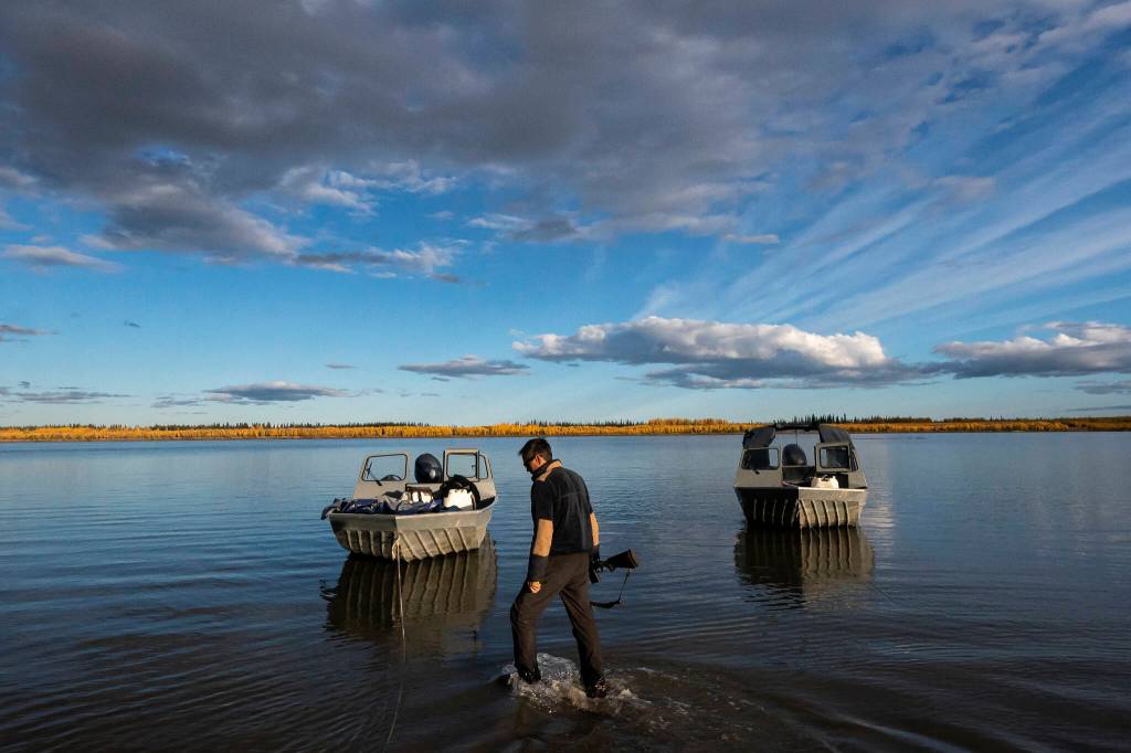 Ben Stevens scans the shore for signs of moose while heading up the Yukon River to the Stevens Family hunting camp on Tuesday, Sept. 14, 2021, near Stevens Village, Alaska. For the first time in memory, both king and chum salmon have dwindled to almost nothing and the state has banned salmon fishing on the Yukon. The remote communities that dot the river and live off its bounty are desperate and doubling down on moose and caribou hunts in the waning days of fall. (AP Photo/Nathan Howard)