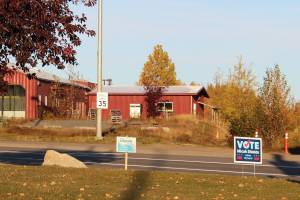 Signs show support for Soldotna City Council candidates at the intersection of the Sterling Highway and the Kenai Spur Highway on Thursday, Sept. 30, 2021. (Ashlyn OHara/Peninsula Clarion)