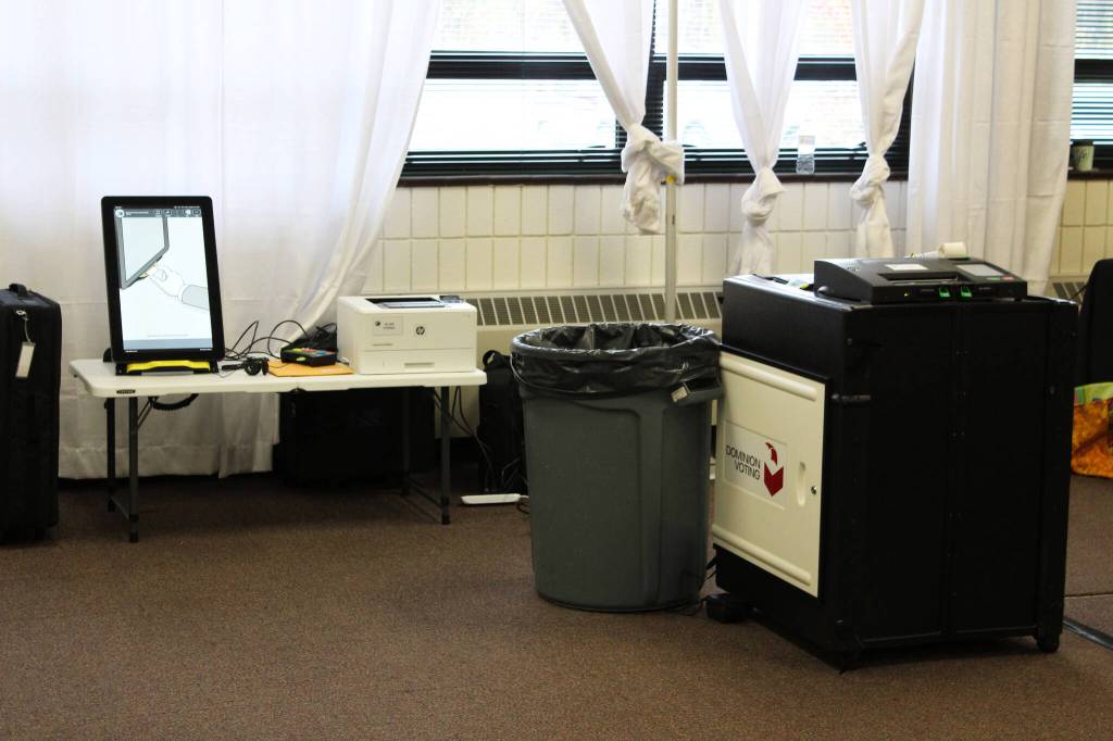 Voting equipment is set up at a polling location at the Soldotna Regional Sports Complex on Tuesday, Oct. 5, 2021 in Soldotna, Alaska. (Ashlyn OHara/Peninsula Clarion)