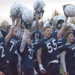 Soldotna celebrates its victory over North Pole in the Division II semifinals Friday, Oct. 8, 2021, at Justin Maile Field in Soldotna, Alaska. (Photo by Jeff Helminiak/Peninsula Clarion)