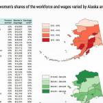 A graphic published in the October 2021 edition of Trends, published by the Alaska Department of Labor and Workforce Development, shows how womens shares of the workforce and wages in Alaska varied by area in 2019. (Image via labor.alaska.gov)