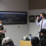 Soldotna City Clerk Shellie Saner swears in members of the Soldotna City Council on Wednesday, Oct. 13, 2021 in Soldotna, Alaska. (Ashlyn OHara/Peninsula Clarion)