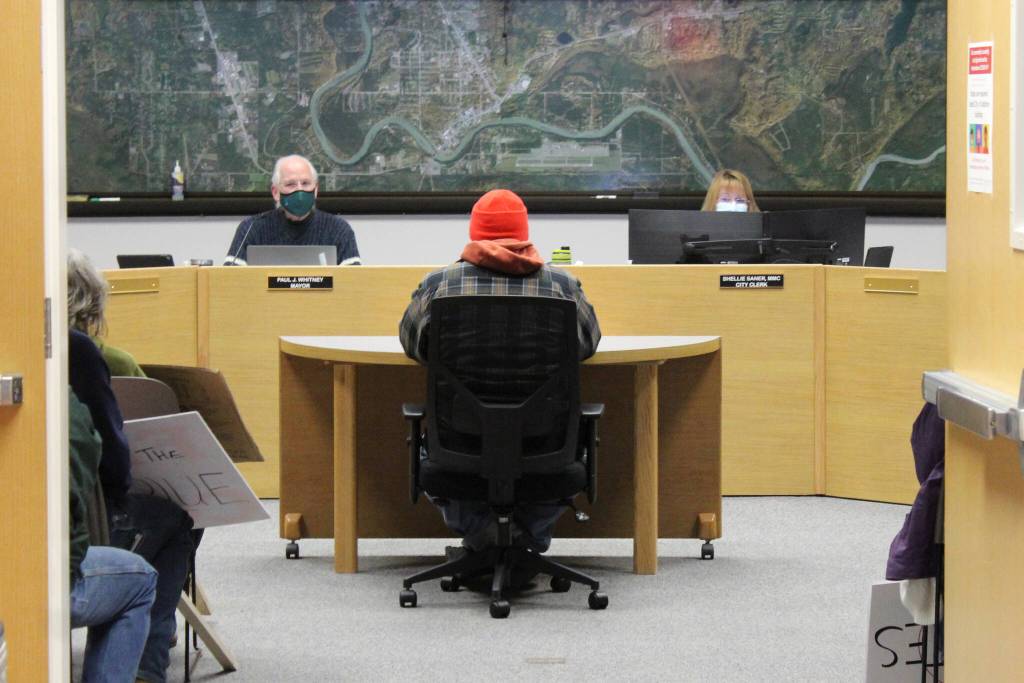Jason Floyd testifies in opposition to COVID-19 mandates during a meeting of the Soldotna City Council on Wednesday, Oct. 13, 2021 in Soldotna, Alaska. (Ashlyn OHara/Peninsula Clarion)
