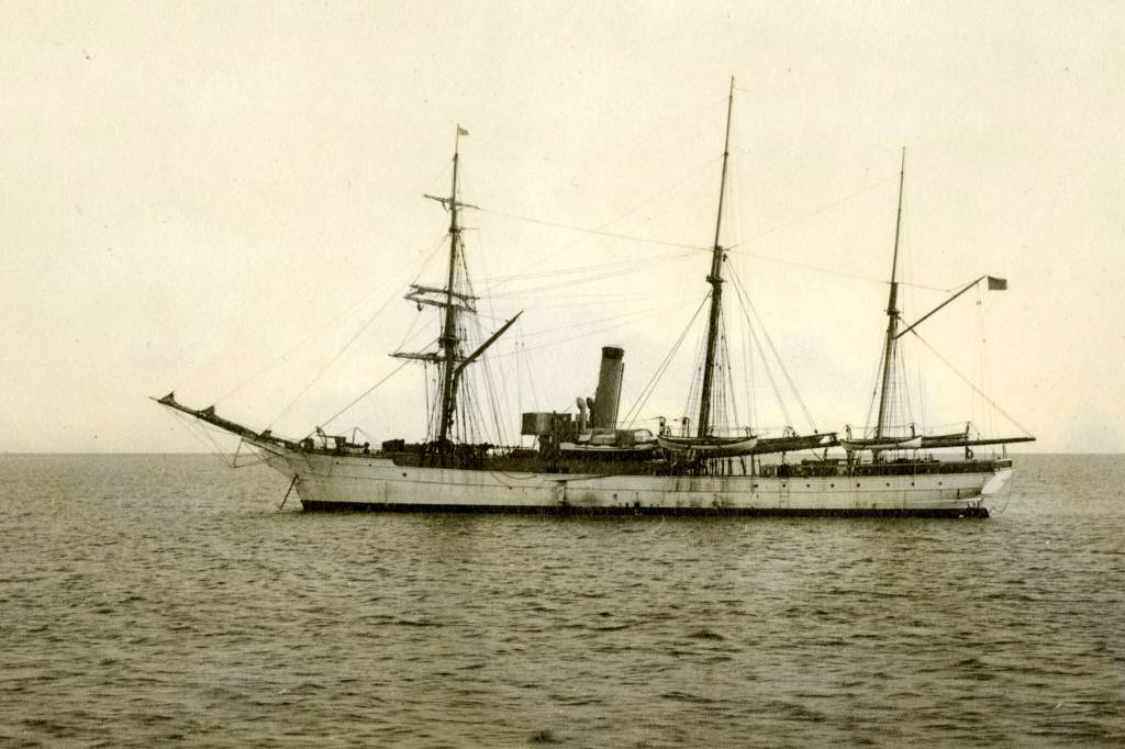 In this July 1908 photograph provided by the U.S. Coast Guard Historians Office, the U.S. Revenue Cutter Bear sits at anchor while on Bering Sea Patrol off Alaska. The wreckage of the storied vessel, that served in two World Wars and patrolled frigid Arctic waters for decades, has been found, the Coast Guard said Tuesday, Oct. 12, 2021. (U.S. Coast Guard Historians Office via AP)