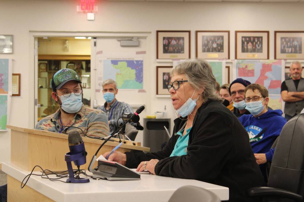 Crystal Schoenrock testifies during an open house held by the Alaska Redistricting Board on Thursday, Oct. 14, 2021 in Soldotna, Alaska. (Ashlyn OHara/Peninsula Clarion)
Crystal Schoenrock testifies during an open house held by the Alaska Redistricting Board on Thursday, Oct. 14, 2021 in Soldotna, Alaska. (Ashlyn OHara/Peninsula Clarion)