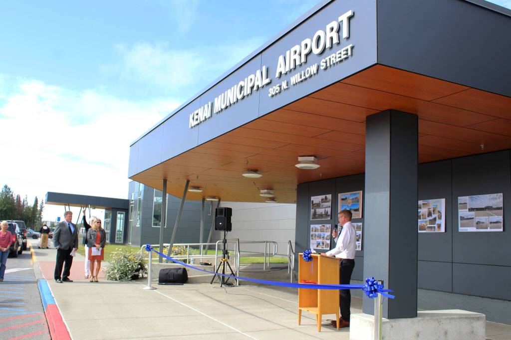 Kenai City Manager Paul Ostrander speaks at a ribbon-cutting ceremony at Kenai Municipal Airport on Friday, Aug. 6, 2021 in Kenai, Alaska. A kiosk that will offer educational programming and interpretive products about the Kenai National Wildlife Refuge is coming to the airport. (Ashlyn OHara/Peninsua Clarion)