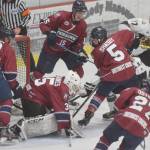 Fairbanks Ice Dogs goalie Kayden Hargraves keeps the puck out of the net Friday, Oct. 29, 2021, against the Kenai River Brown Bears at the Soldotna Regional Sports Complex in Soldotna, Alaska. (Photo by Jeff Helminiak/Peninsula Clarion)