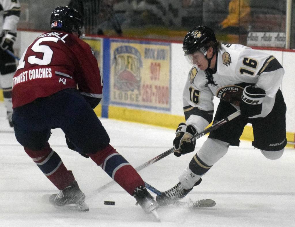 Love Bergvall of the Fairbanks Ice Dogs and Max Marquette of the Kenai River Brown Bears battle for the puck Friday, Oct. 29, 2021, at the Soldotna Regional Sports Complex in Soldotna, Alaska. (Photo by Jeff Helminiak/Peninsula Clarion)