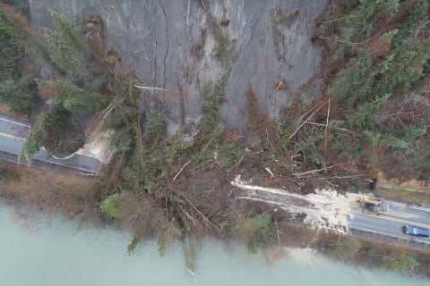 A landslide covers part of the Sterling Highway near Cooper Landing on Sunday, Oct. 31, 2021 near Cooper Landing, Alaska. (Photo courtesy Alaska Department of Transportation and Public Facilities)