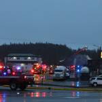 Emergency medical services respond to a structure fire at Amerigas on Thursday, Nov. 4, 2021 in Soldotna, Alaska. (Ashlyn OHara/Peninsula Clarion)